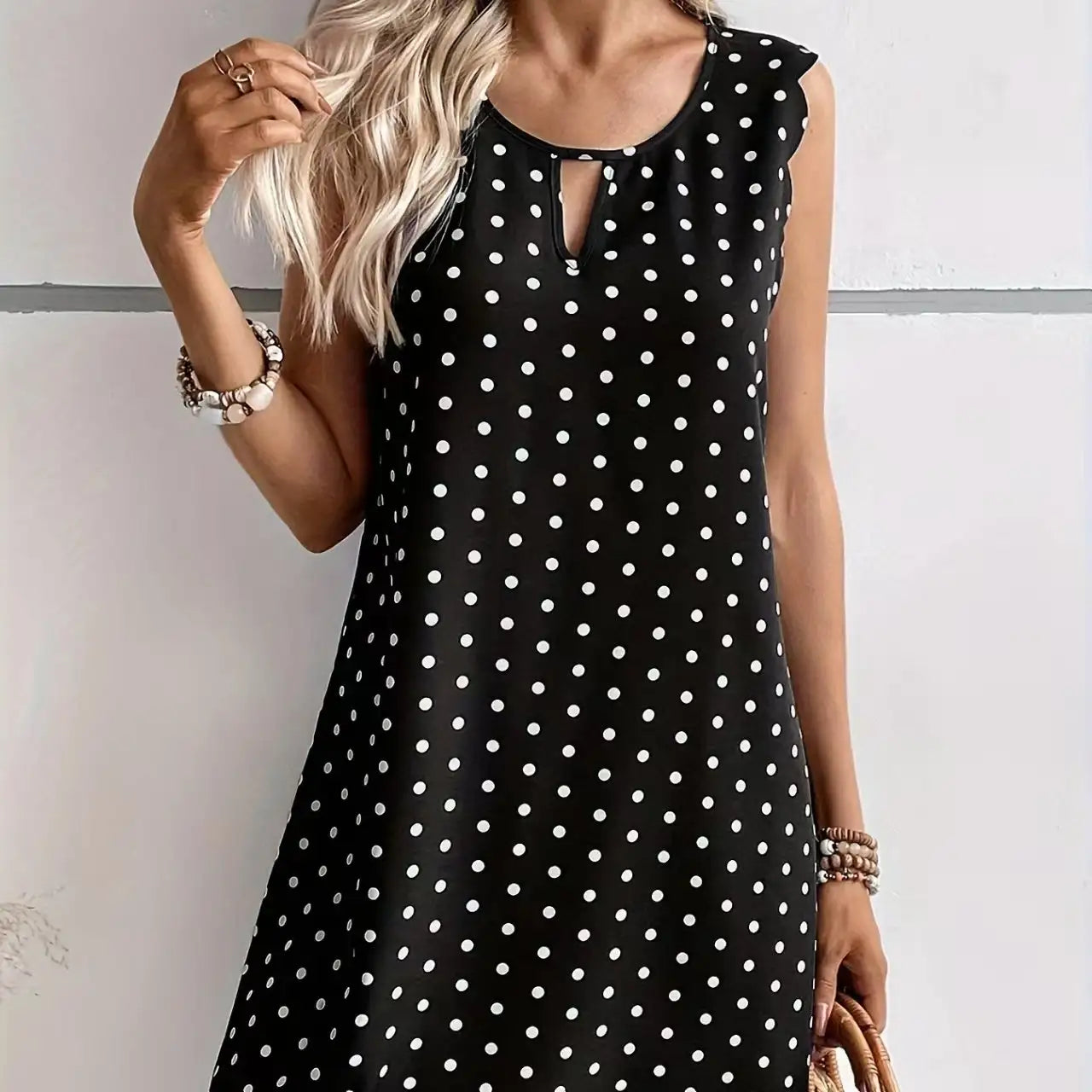 Ladies' Fashionable Casual Pullover Polka Dot Dress With Hollowed Out Collar And Round Neck Wavy Edge Skirt - SJB-DIAMOND ELITES