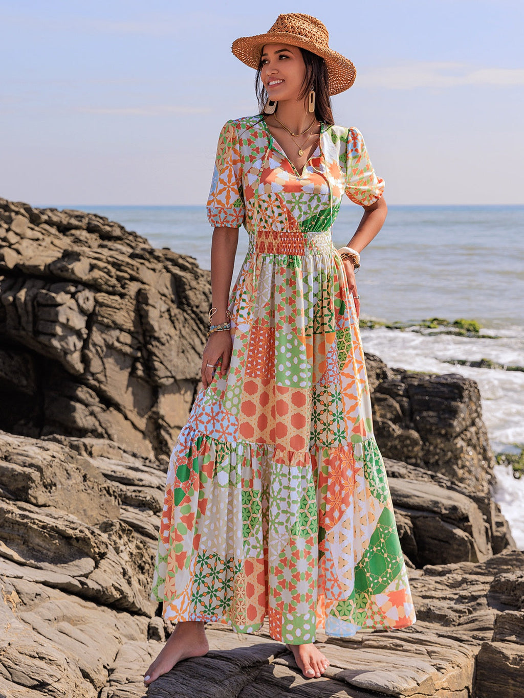 Printed Smocked Waist Short Sleeve Maxi Dress Elegant & Flowy Boho Style Dresses For Women