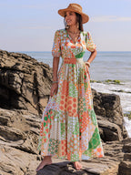 Printed Smocked Waist Short Sleeve Maxi Dress Elegant & Flowy Boho Style Dresses For Women