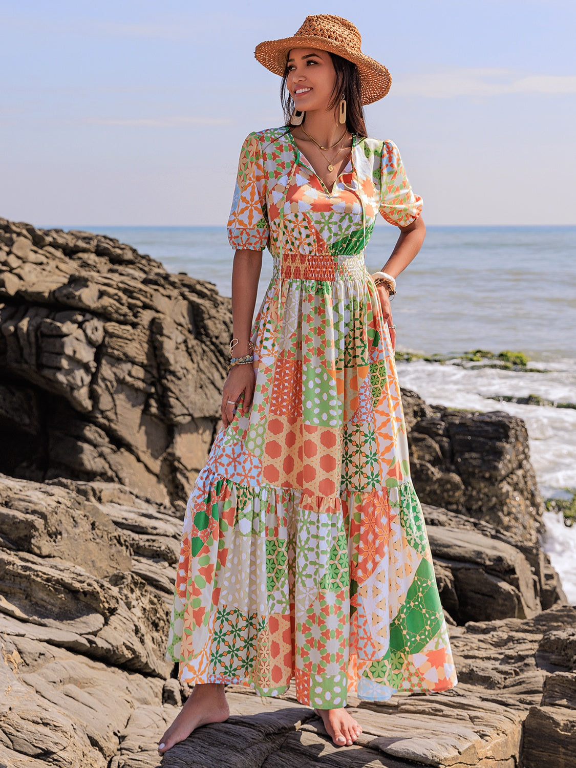 Printed Smocked Waist Short Sleeve Maxi Dress Elegant & Flowy Boho Style Dresses For Women
