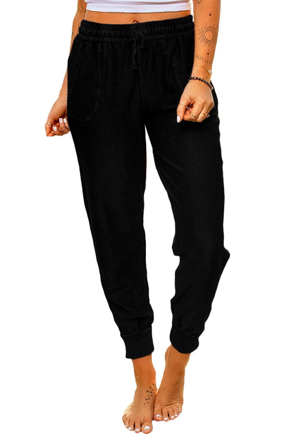 Black Elastic Waist Jogger Pants with Pockets - SJB-DIAMOND ELITES