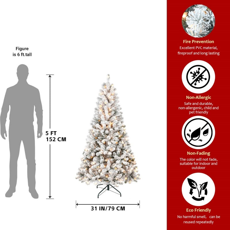 Pre-Lit Flocked Christmas Tree - PVC Artificial Xmas Tree with Lights (4ft to 7ft, FedEx Shipping from USA)