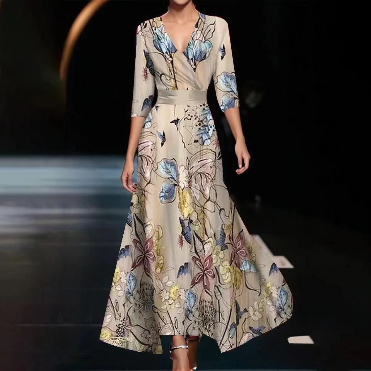 Cross V-neck 34 Sleeve Length Dress Pi-Mart