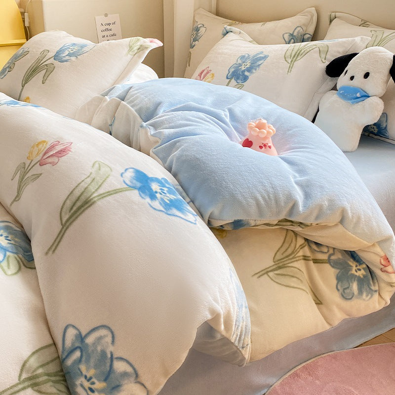 Winter Thickening Milk Fiber Bed Four-piece Coral Velvet Quilt Cover Flange Double-sided Bed Sheet Three-piece Bedding Pi-Mart