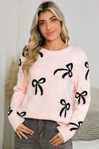 Light Pink Bow Print Long Sleeve Loose Fit Sweater