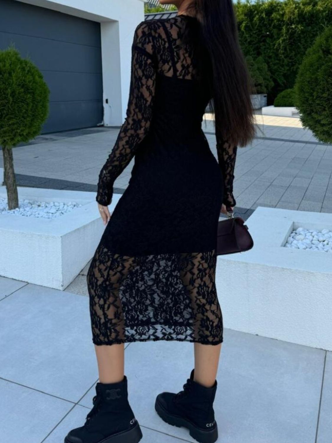 Black Lace Round Neck Long Sleeve Midi Dress Timeless & Elegant Design Women Dress Stevvex