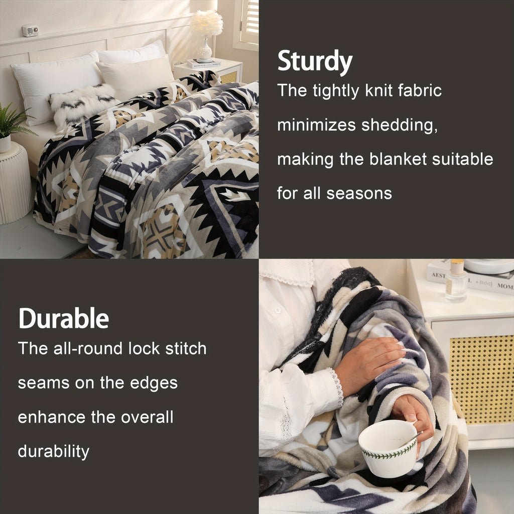 1pc Southwest Native American Flannel Polyester Throw Double-side Printed Blanket, Aztec Geometry Pattern Travel Couch Bed Blanket Plush Soft Lightweight Blanket For All Season Lootquake LLC