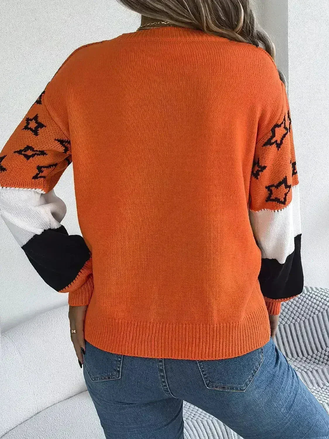 Star Contrast Round Neck Sweater - SJB-DIAMOND ELITES