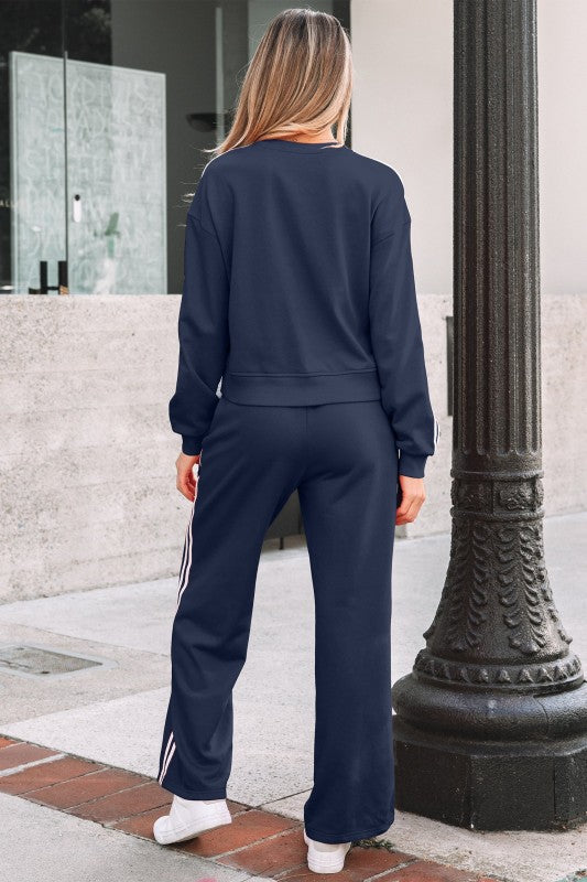 Varsity Stripe Crewneck Pullover and Sweatpants Set THRIXINE