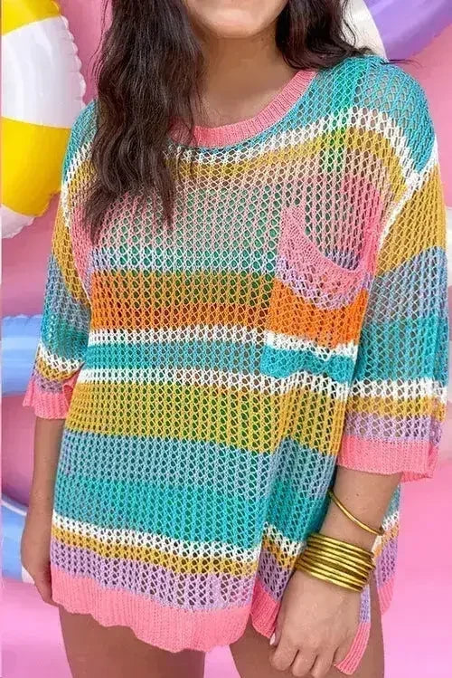 Pink Stripe Plus Size Open Knit Patch Pocket Short Sleeve Sweater - SJB-DIAMOND ELITES