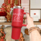 40oz Insulated Christmas Tumbler Red Mug With Handle Lid Straw Naughty Legend BandsCo Straps