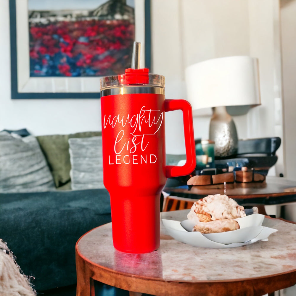 40oz Insulated Christmas Tumbler Red Mug With Handle Lid Straw Naughty Legend BandsCo Straps