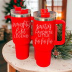 40oz Insulated Christmas Tumbler Red Mug With Handle Lid Straw Naughty Legend BandsCo Straps
