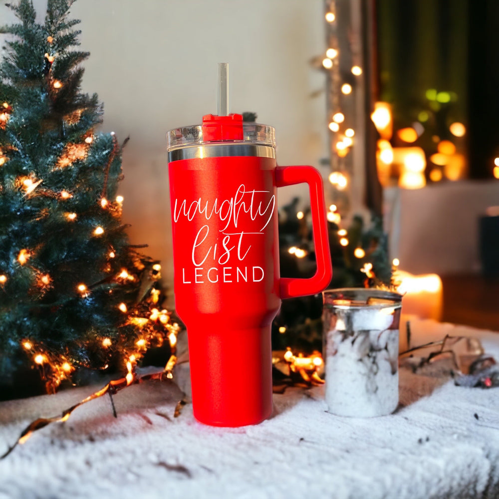 40oz Insulated Christmas Tumbler Red Mug With Handle Lid Straw Naughty Legend BandsCo Straps