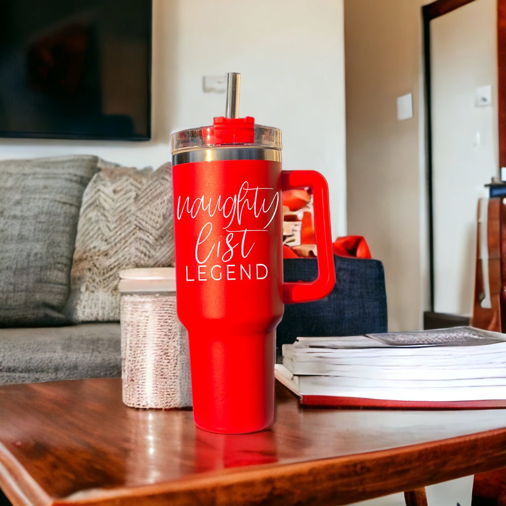 40oz Insulated Christmas Tumbler Red Mug With Handle Lid Straw Naughty Legend BandsCo Straps