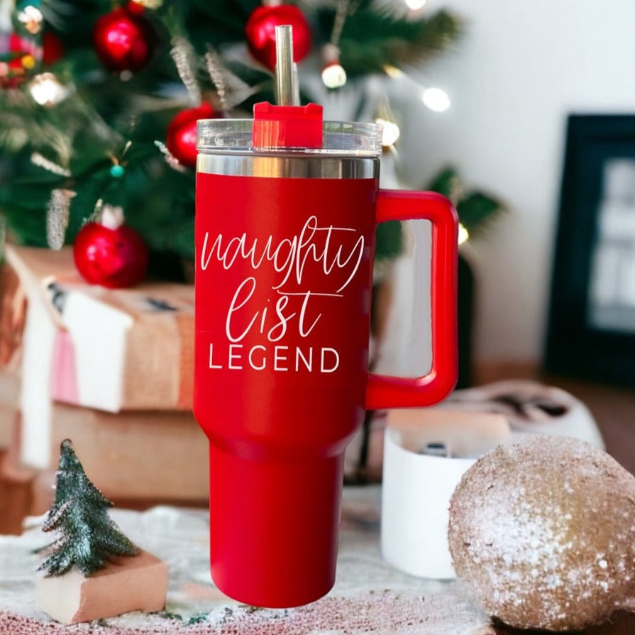 40oz Insulated Christmas Tumbler Red Mug With Handle Lid Straw Naughty Legend BandsCo Straps
