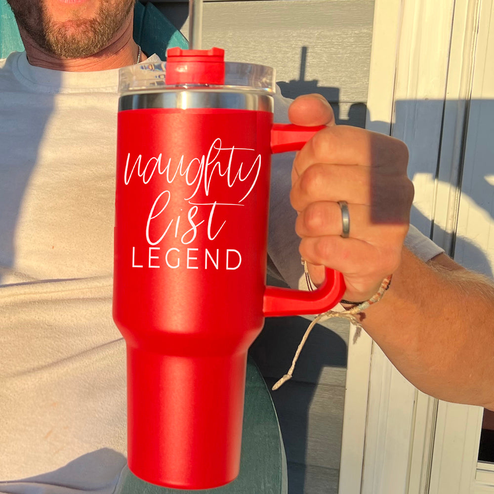 40oz Insulated Christmas Tumbler Red Mug With Handle Lid Straw Naughty Legend BandsCo Straps