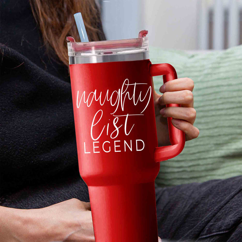 40oz Insulated Christmas Tumbler Red Mug With Handle Lid Straw Naughty Legend BandsCo Straps