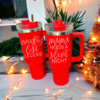 40oz Insulated Christmas Tumbler Red Mug With Handle Lid Straw Naughty Legend BandsCo Straps