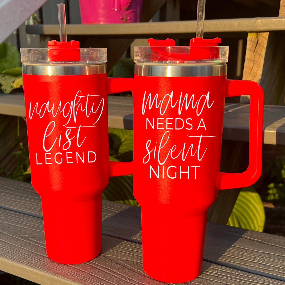 40oz Insulated Christmas Tumbler Red Mug With Handle Lid Straw Naughty Legend BandsCo Straps