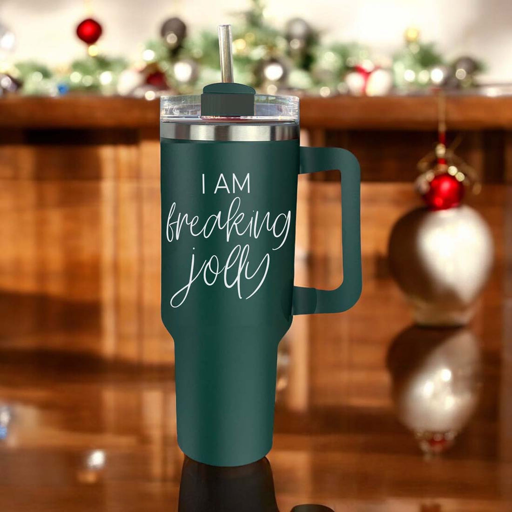 40oz Insulated Tumbler With Handle Lid Straw - Red Green Holiday Parent Mug BandsCo Straps