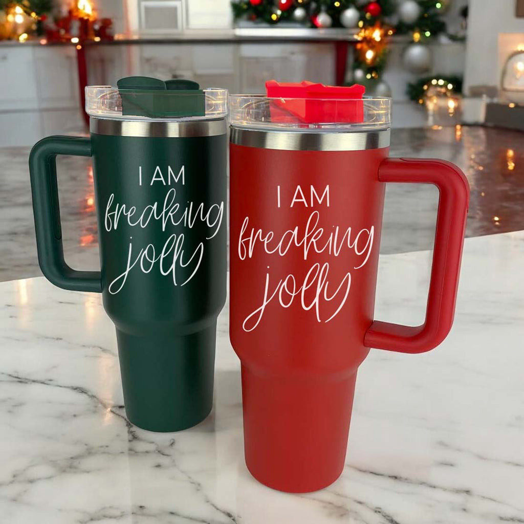 40oz Insulated Tumbler With Handle Lid Straw - Red Green Holiday Parent Mug BandsCo Straps