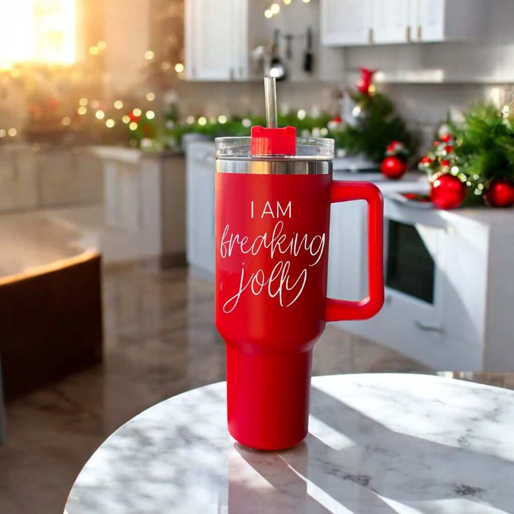 40oz Insulated Tumbler With Handle Lid Straw - Red Green Holiday Parent Mug BandsCo Straps