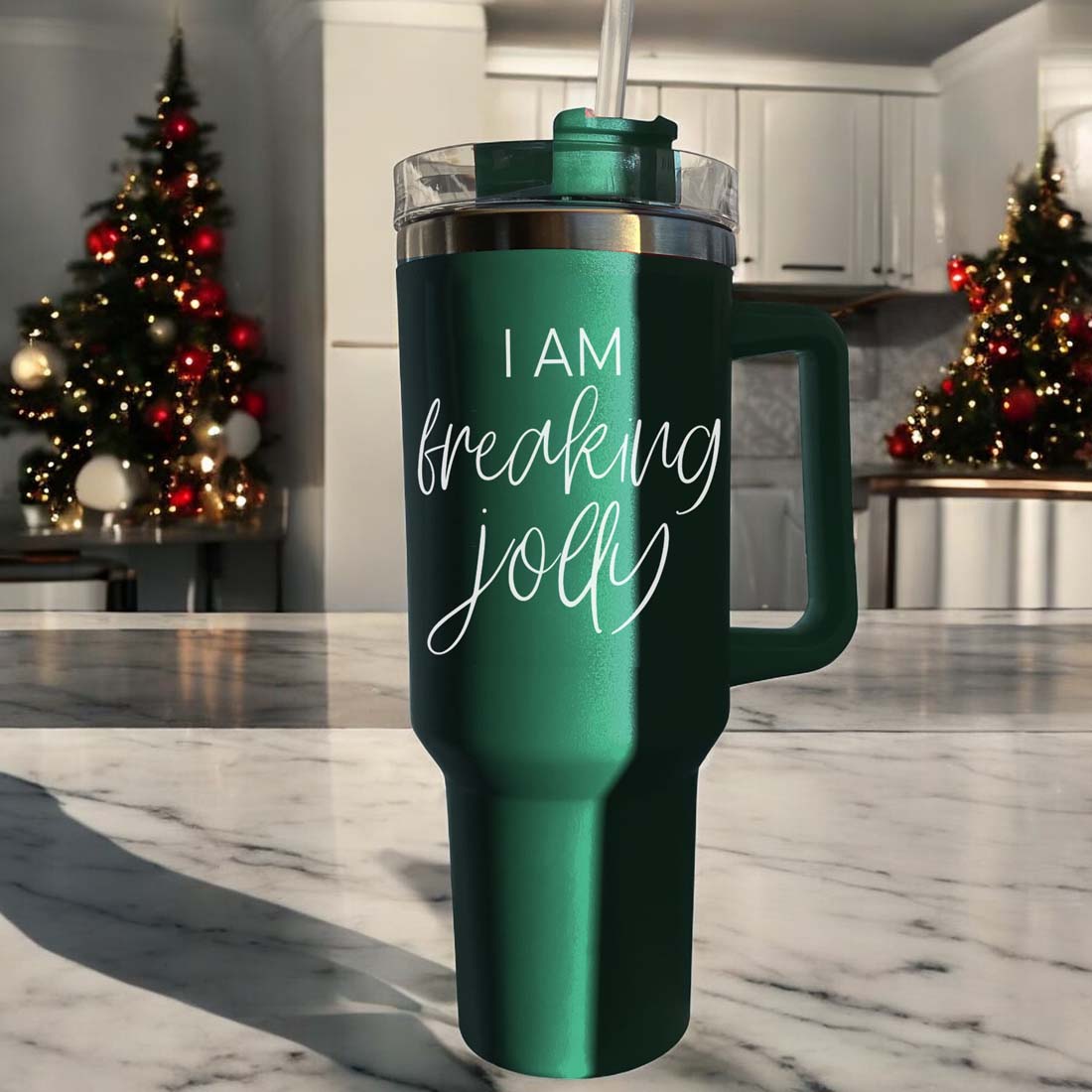 40oz Insulated Tumbler With Handle Lid Straw - Red Green Holiday Parent Mug BandsCo Straps
