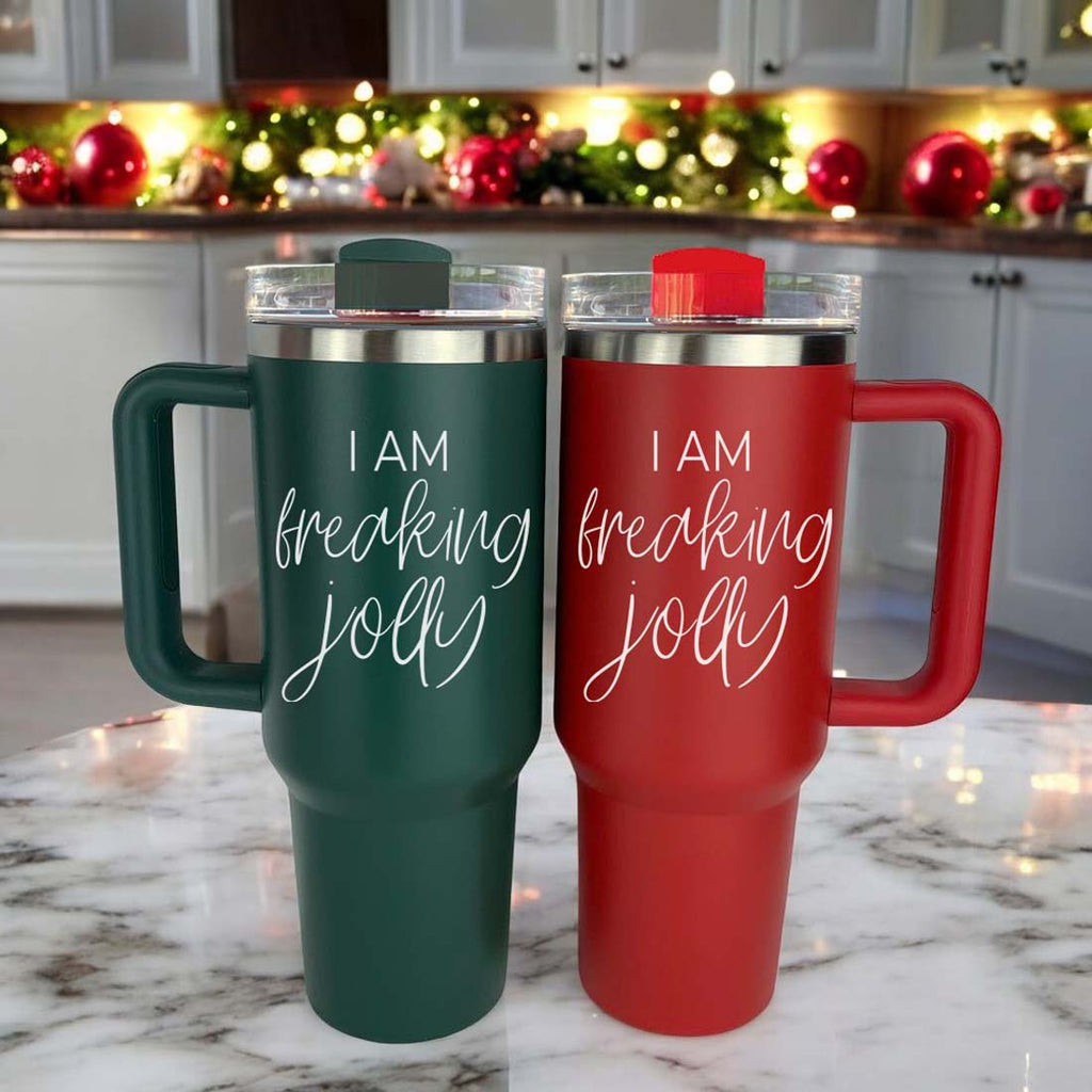 40oz Insulated Tumbler With Handle Lid Straw - Red Green Holiday Parent Mug BandsCo Straps