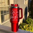 40oz Insulated Tumbler With Handle Lid And Straw Mama's Little Helper Red BandsCo Straps