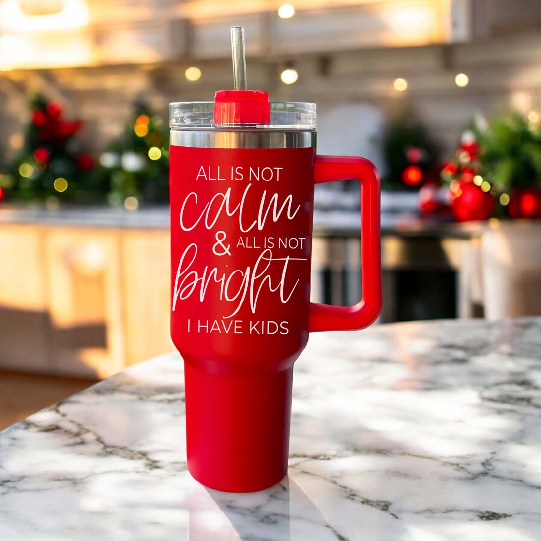 40oz Insulated Tumbler With Handle Lid And Straw Mama's Little Helper Red BandsCo Straps