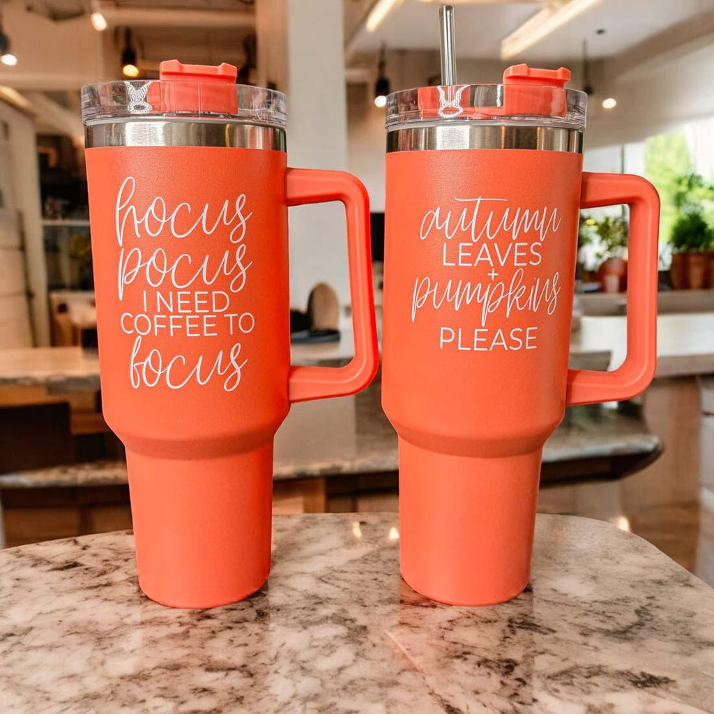 40oz Orange Insulated Tumbler Autumn Leaves Pumpkin Travel Cup Double Wall BandsCo Straps