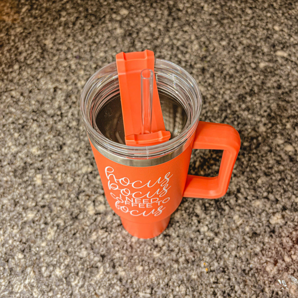 40oz Orange Insulated Tumbler Autumn Leaves Pumpkin Travel Cup Double Wall BandsCo Straps