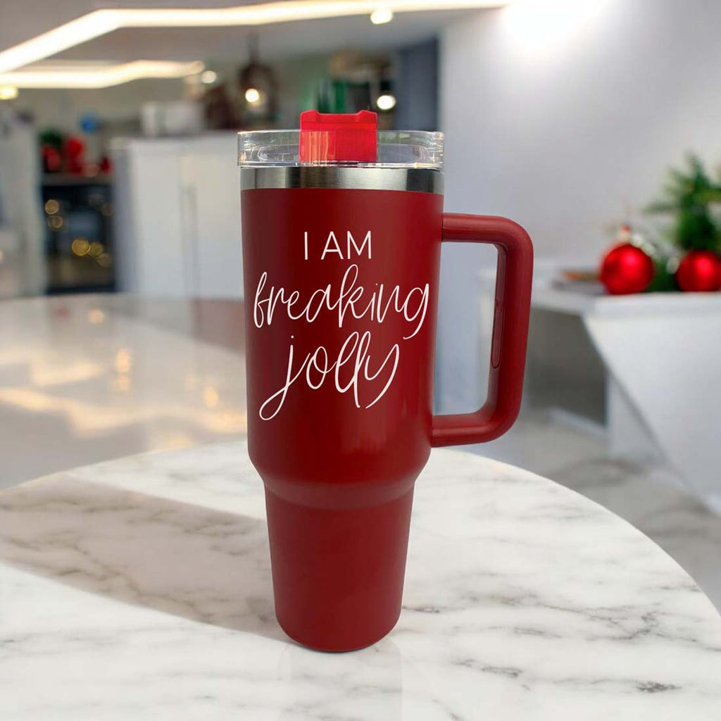 40oz Insulated Tumbler With Handle Lid Straw - Red Green Holiday Parent Mug BandsCo Straps