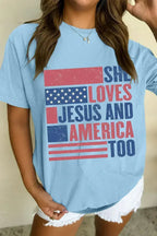 Light Blue SHE LOVES JESUS AND AMERICA TOO Patriotic T Shirt