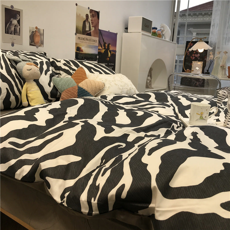 Zebra Pattern Bed Four-piece Set, Cotton Pure Cotton Duvet Cover, Black Three-piece Set Pi-Mart