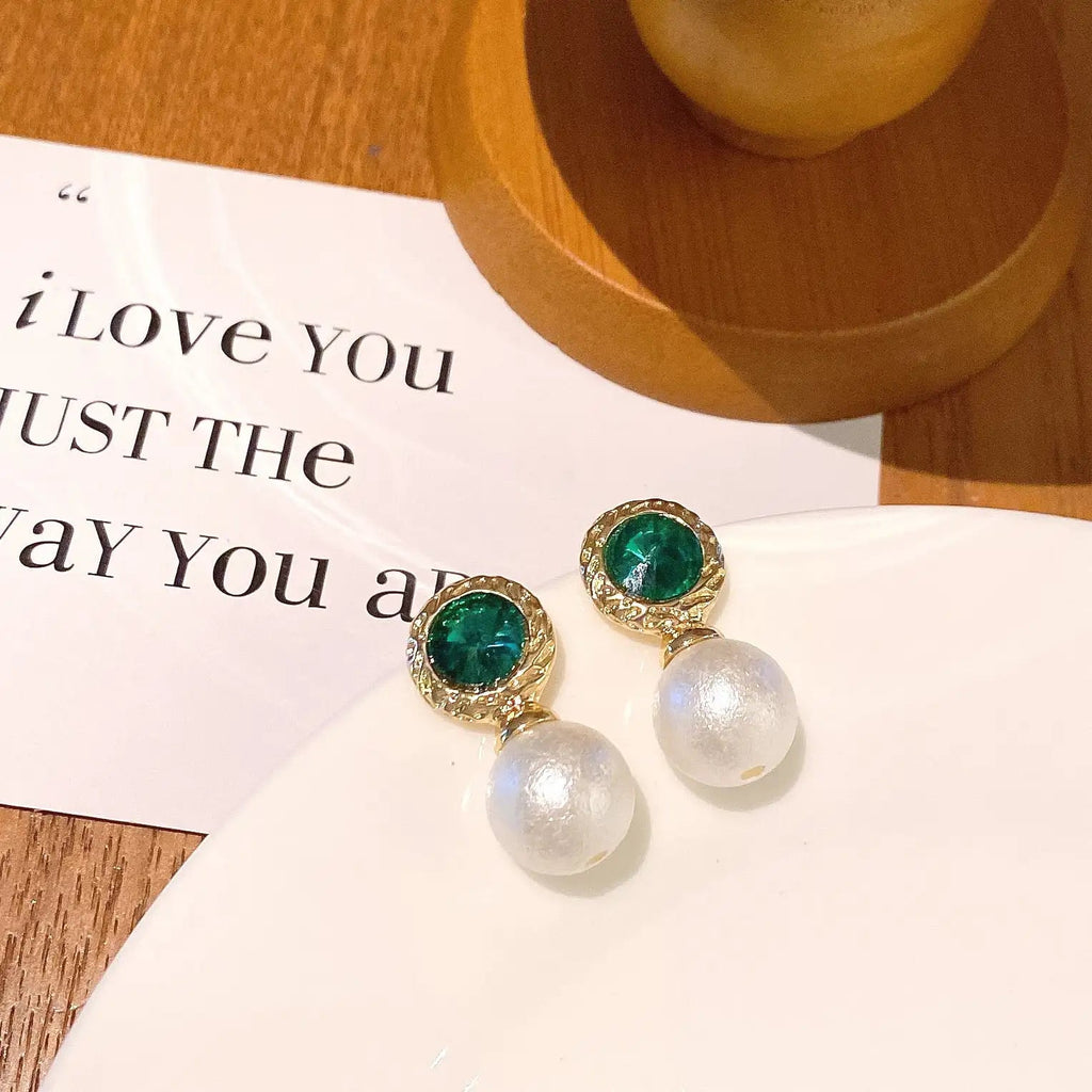 Emerald Rhinestone Pearl Stud Earrings For Women Lootquake LLC