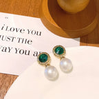 Emerald Rhinestone Pearl Stud Earrings For Women Lootquake LLC
