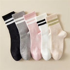 5 Pairs Striped Print Socks, College Style Sports Mid Tube Socks, Women's Stockings & Hosiery Lootquake LLC