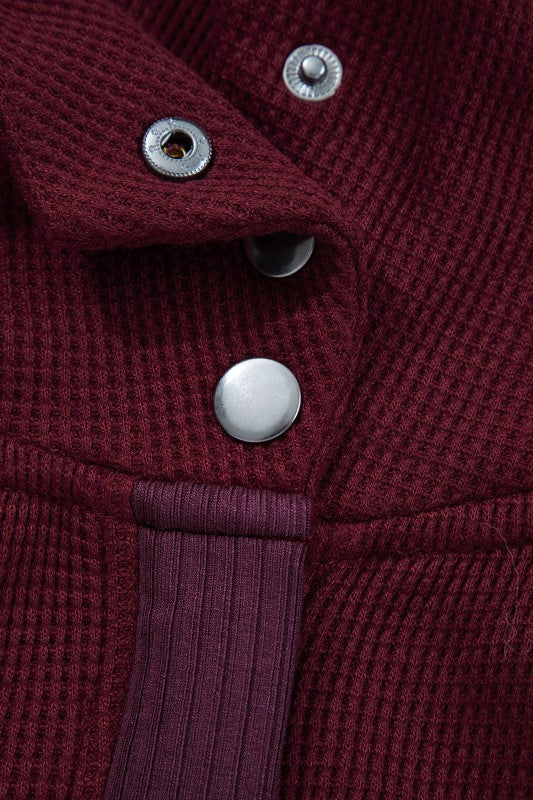 Waffle Zip Up Snap Button Hooded Jacket THRIXINE