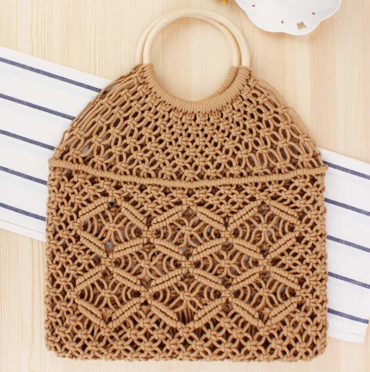 Popula Cotton Rope Hollow Straw Bag Sheer Macrame Tote wooden ring rattan handle Net Bag Vintage Retro Chic handbag Pi-Mart