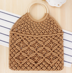 Popula Cotton Rope Hollow Straw Bag Sheer Macrame Tote wooden ring rattan handle Net Bag Vintage Retro Chic handbag Pi-Mart