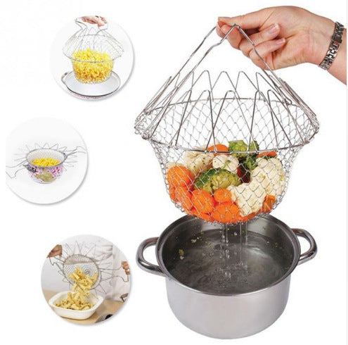 Stainless Steel Telescopic Folding Basket Frying Basket French Fries Degreasing Kitchen Tool Pi-Mart
