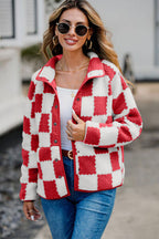 Elegant Checkered Snap Down Long Sleeve Teddy Jacket Soft & Warm Colorful Jacket Stevvex