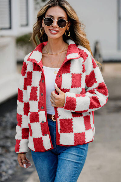 Elegant Checkered Snap Down Long Sleeve Teddy Jacket Soft & Warm Colorful Jacket Stevvex