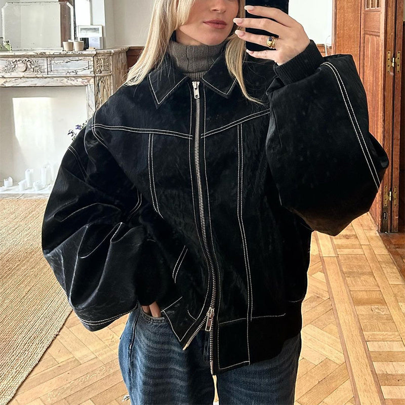 Loose Fashion Lapel Zip-up Jacket Cool Long Sleeve Zipper Closure Moto Biker Leather Jacket Womens Clothing Pi-Mart