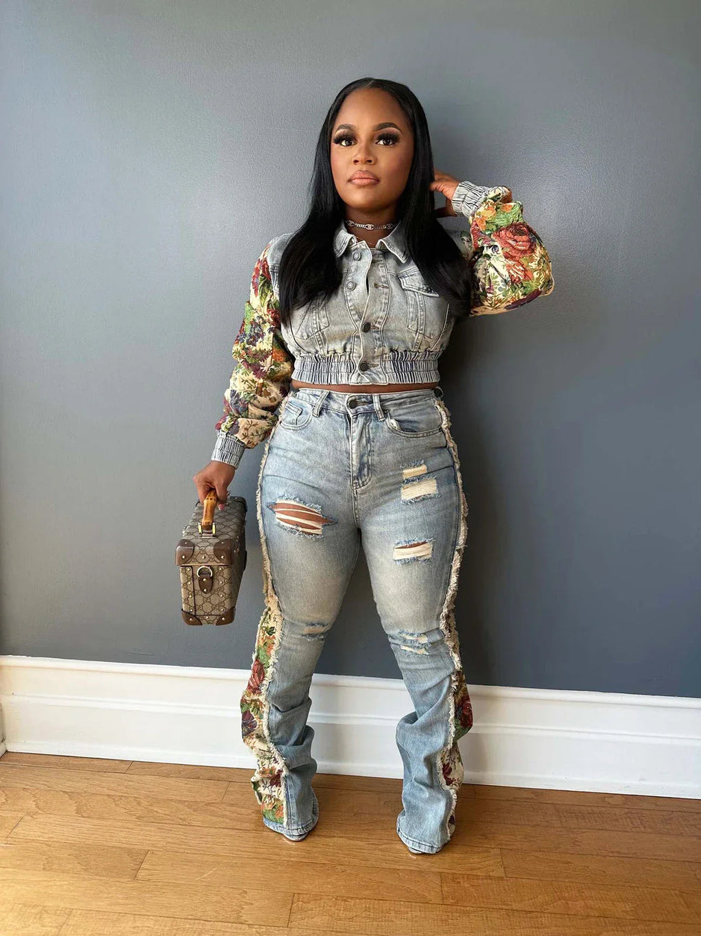 2024 Women's Printed Splicing Denim Jacket Long Sleeve and Piercing Jeans Long Pants Color Contrasting Set Two Piece Set Purplish Diva