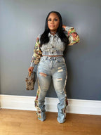 2024 Women's Printed Splicing Denim Jacket Long Sleeve and Piercing Jeans Long Pants Color Contrasting Set Two Piece Set Purplish Diva