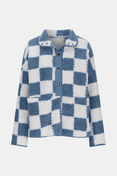 Elegant Checkered Snap Down Long Sleeve Teddy Jacket Soft & Warm Colorful Jacket Stevvex