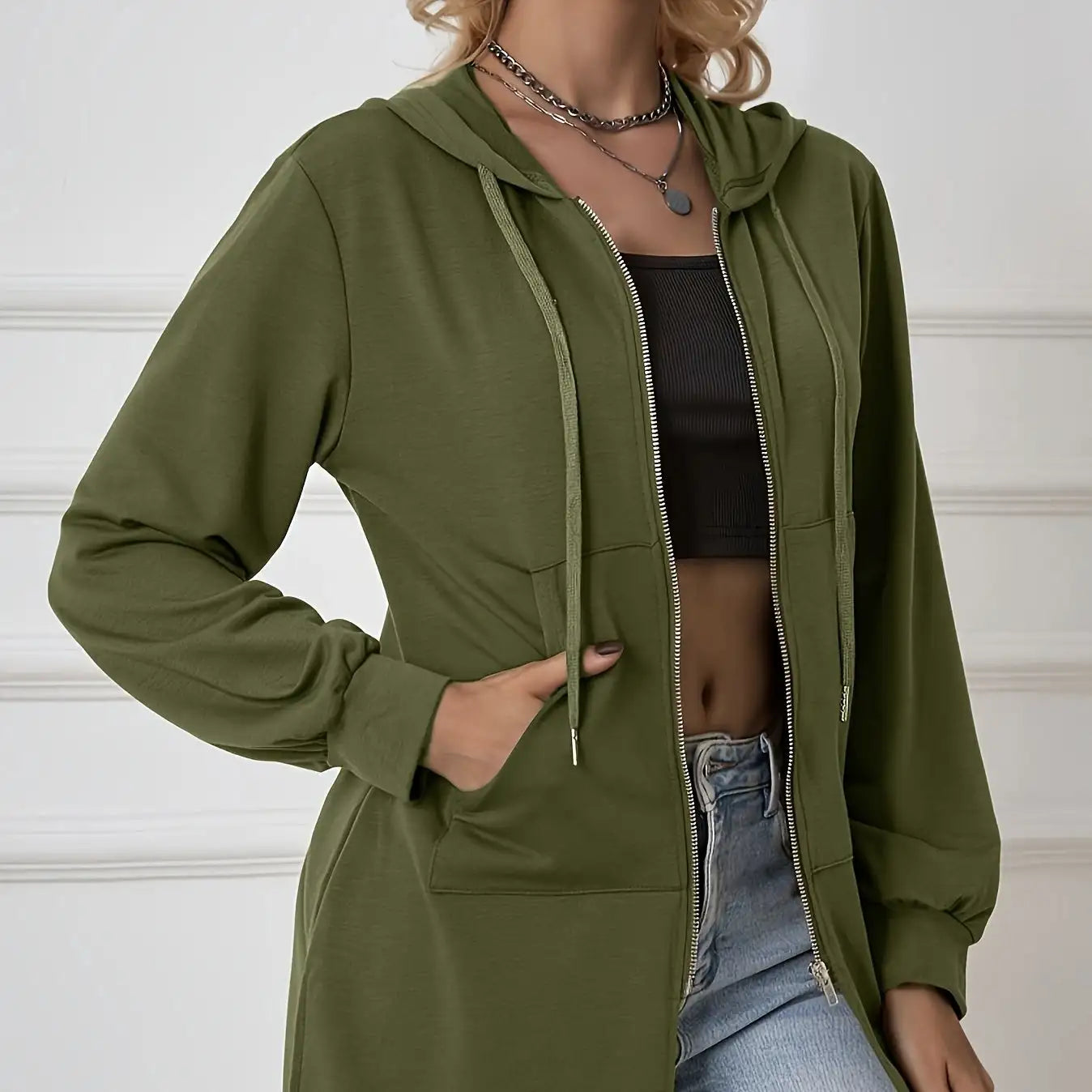 Women's Military Green Casual Sports Hooded Sweatshirt With Drawstring Zipper Jacket, Lightweight Top - SJB-DIAMOND ELITES